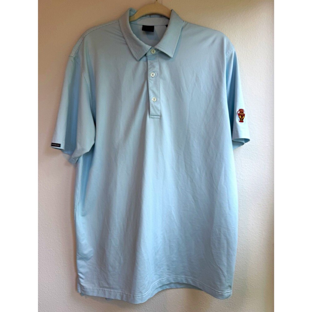 Dunning Golf Men’s L Light Blue Check Stretch Polo Shirt Short Sleeve Golf